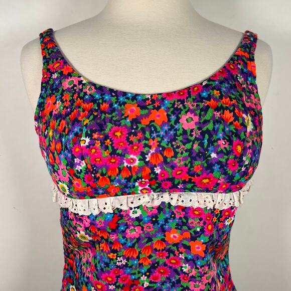 Vtg Women's Floral Tankini Top XS Pink Purple Lace Trim Sleeveless Swim Beach - Picture 3 of 9
